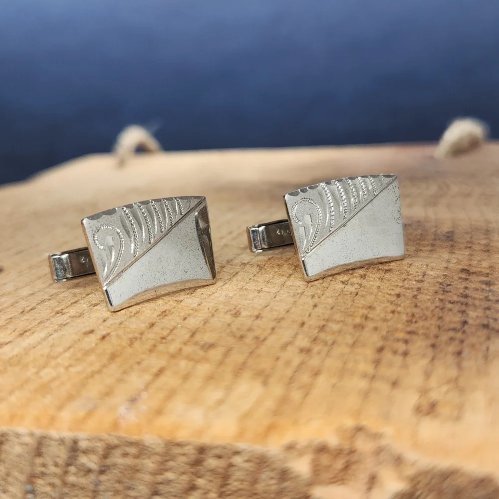 Vintage Etched Sterling Silver Rectangular Cuff Links Engraved